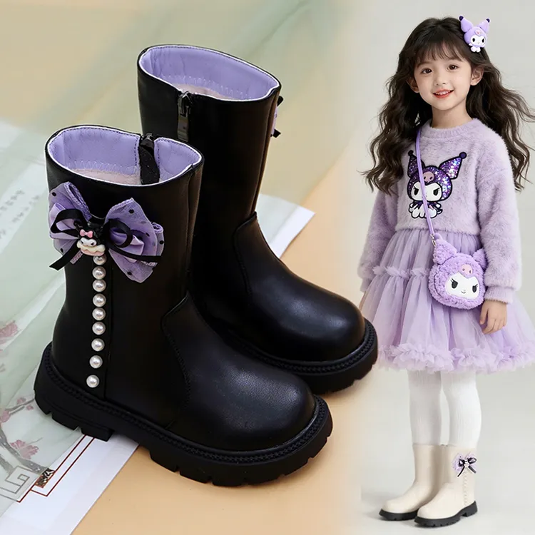 库洛米马丁靴女童秋冬加绒高筒靴洋气公主风中长筒靴子宝宝二棉靴