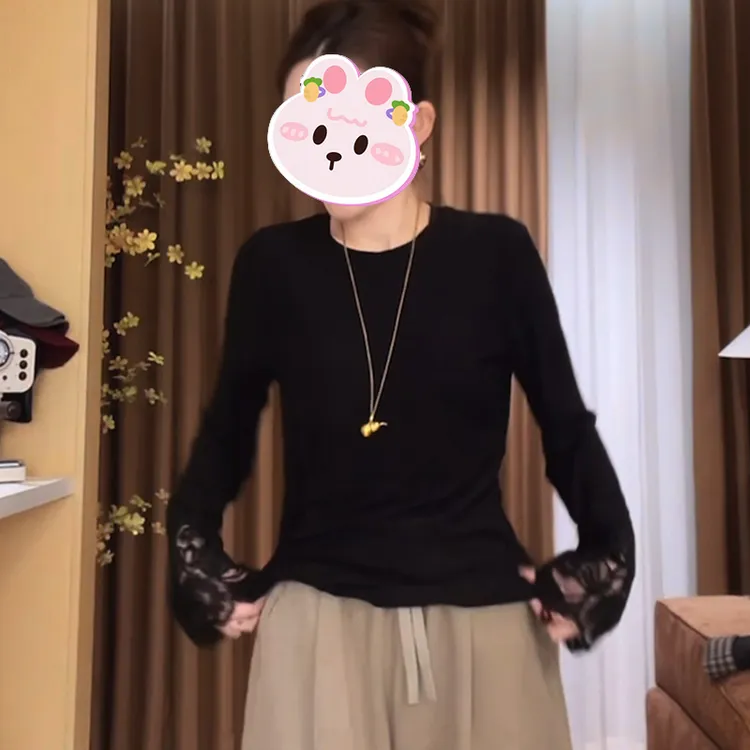 法式气质刺绣拼接长袖t恤女秋季新款内搭时尚显瘦修身打底衫上衣