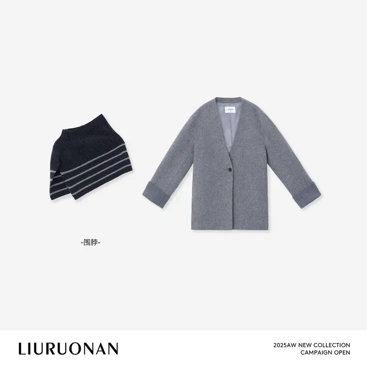 LIURUONAN 25WIN【建筑系大衣】无领长袖羊毛一粒扣毛呢外套/附围巾