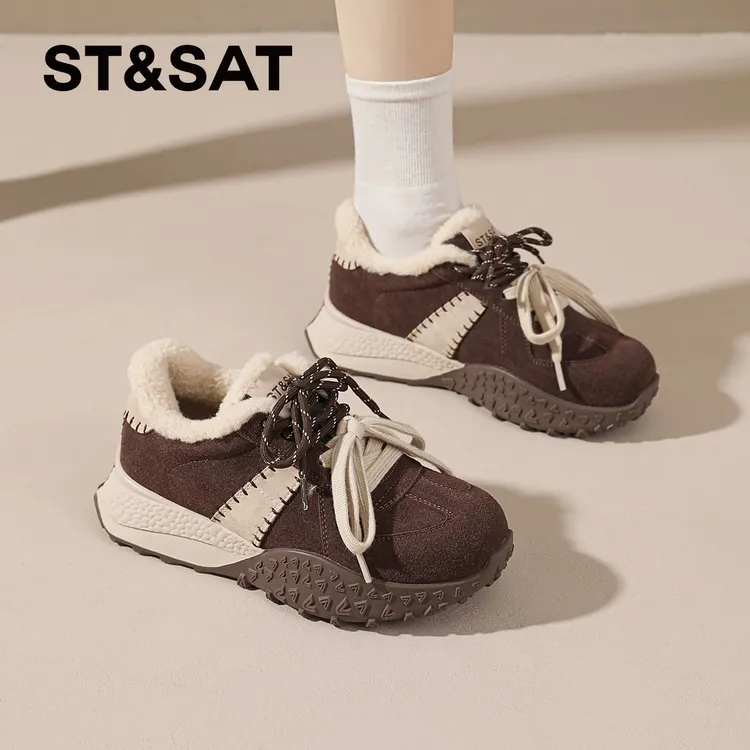 星期六加绒复古毛毛棉鞋女2025爆款冬季保暖休闲运动鞋厚底德训鞋