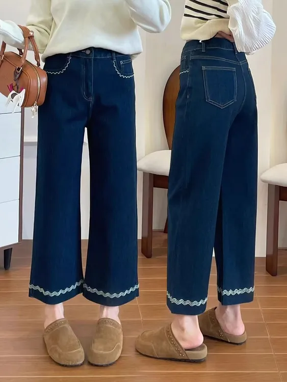 土耳其蓝四面弹牛仔裤女秋季新款大码宽松显瘦刺绣花边直筒阔腿裤