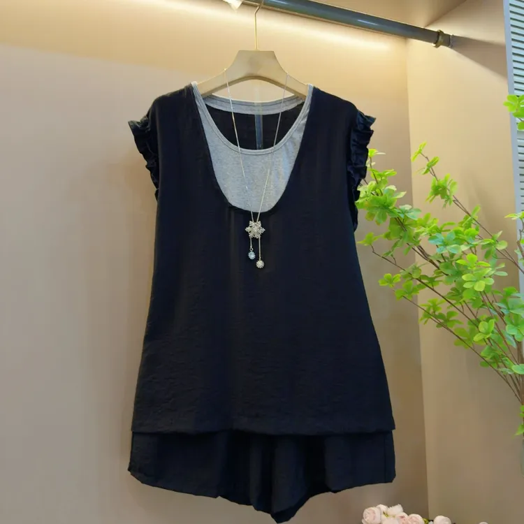 2025年新款显瘦拼接设计感气质时尚夏季百搭遮肉两件套