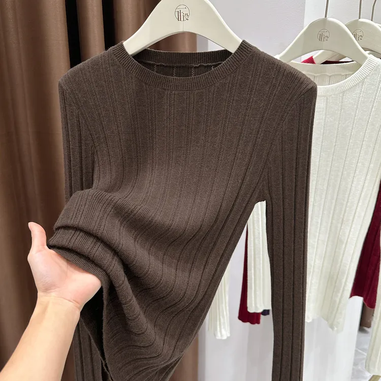 软糯修身圆领长袖针织衫女秋季爆款纯色小众高档内搭洋气显瘦上衣