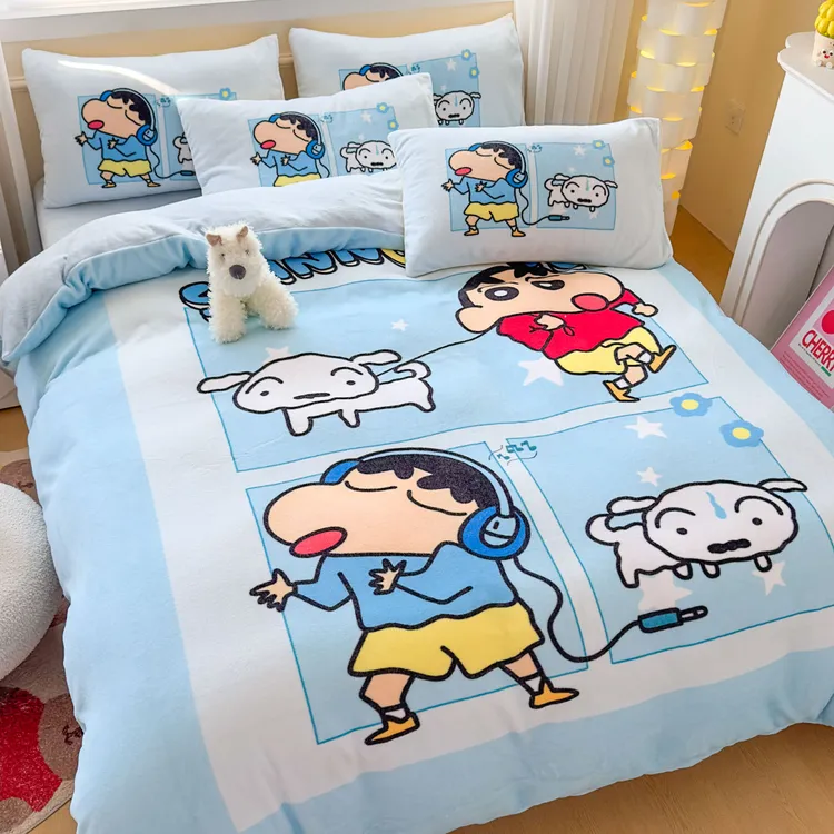 冬季牛奶绒四件套蜡笔小新学生上下铺0.9米床珊瑚法兰绒男三件套