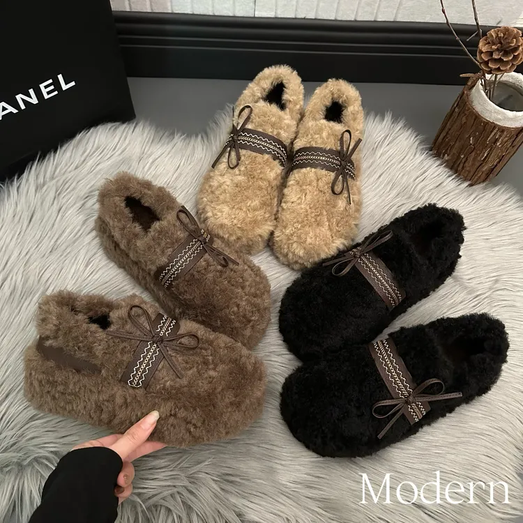 厚底加绒刺绣蝴蝶结增高毛毛鞋女外穿2025秋冬新时尚百搭保暖棉鞋