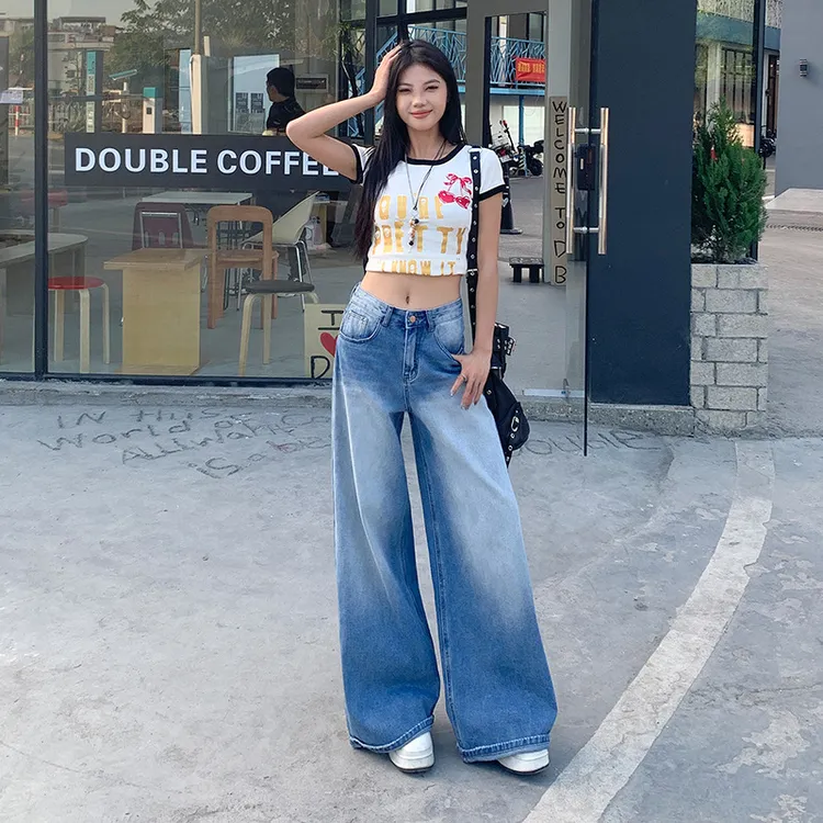 水洗蓝韩系休闲高腰阔腿直筒长裤女2024年夏款春秋适用小个子无弹