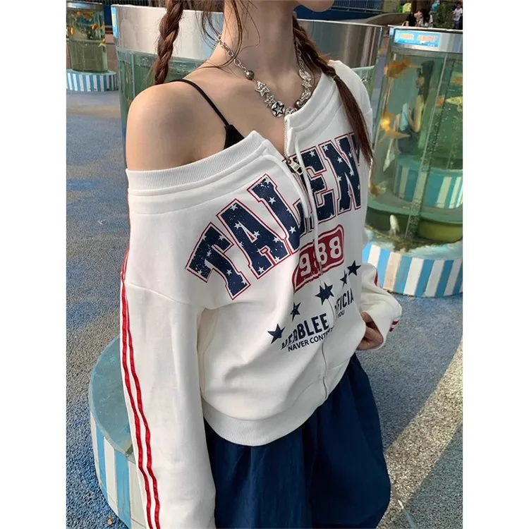 美式潮牌印花短款斜肩长袖卫衣女秋宽松纯欲露肩开衫拉链辣妹上衣