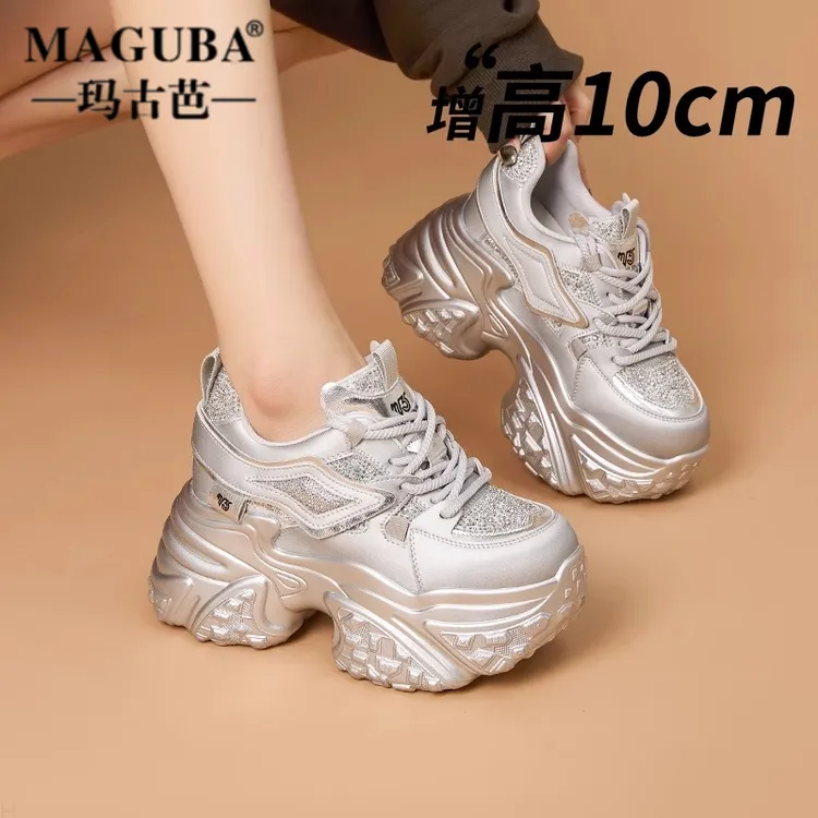 MAGUBA/玛古芭银色老爹鞋女士新款镶钻网红内增高10cm运动休闲鞋