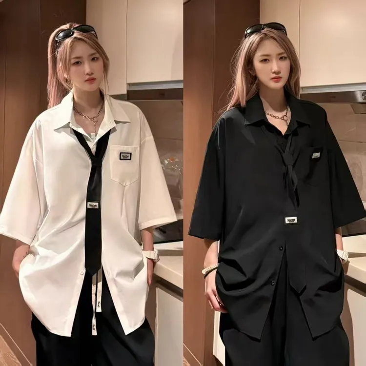 夏季冰丝短袖衬衫宽松学院风情侣衬衣日系潮流痞帅百搭短袖上衣