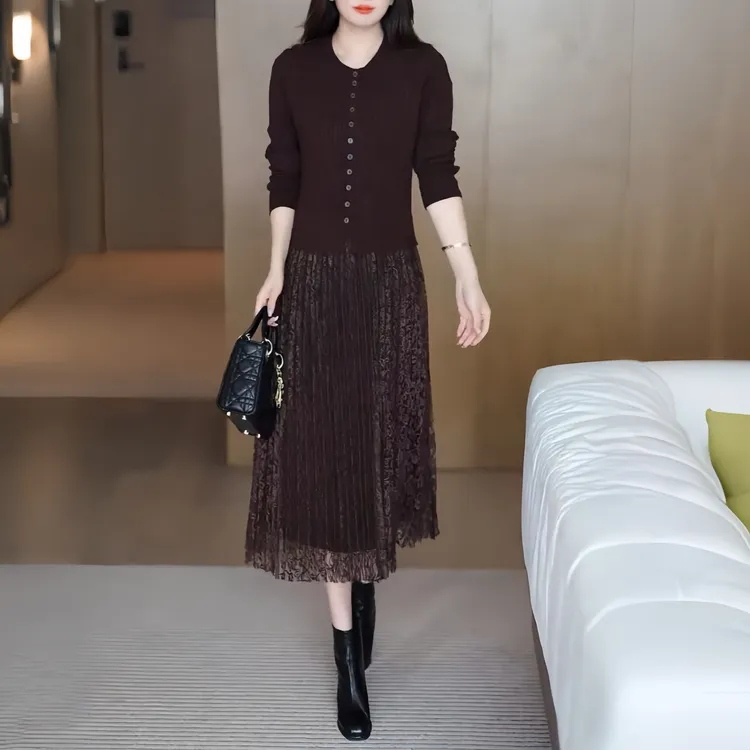 麻花纹针织高级感假两件连衣裙轻奢拼接蕾丝气质修身长裙