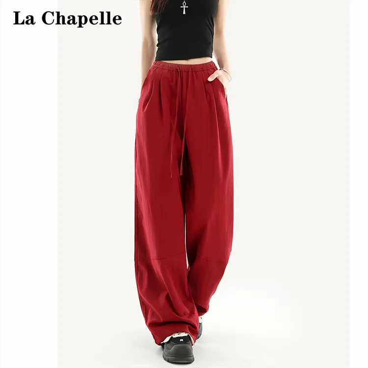 拉夏贝尔红色休闲女2025新款夏薄款爵士舞速干阔腿运动裤子