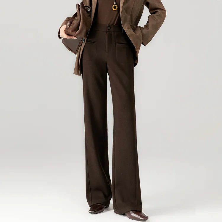 毛呢阔腿裤女冬深焙棕色女裤新款2025爆款时尚气质高腰直筒休闲裤