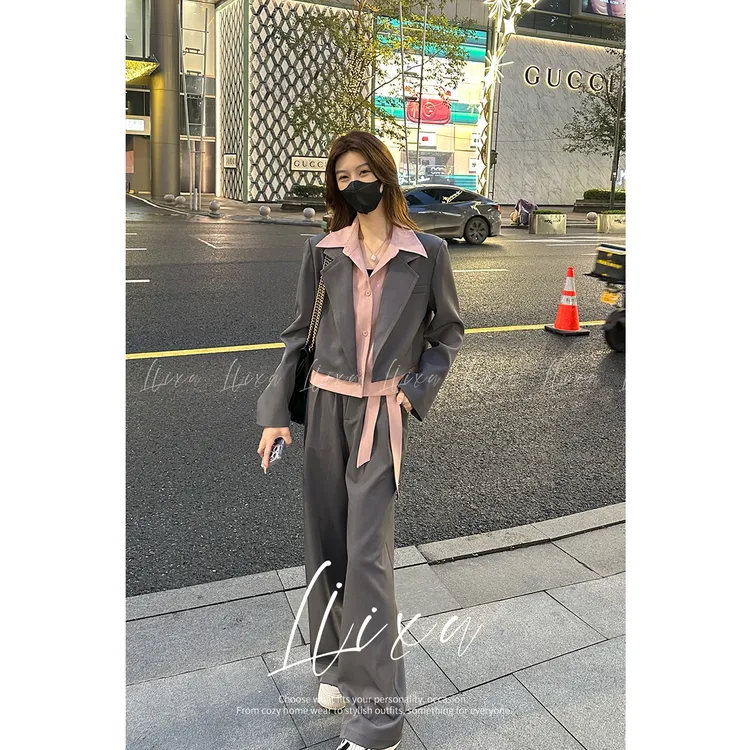 Liixu新款春季休闲时尚西装套装女高级感阔腿裤四件套L51TZ122