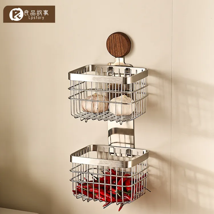 厨房胡桃木葱姜蒜收纳盒免打孔壁挂式多功能蔬菜水果挂篮