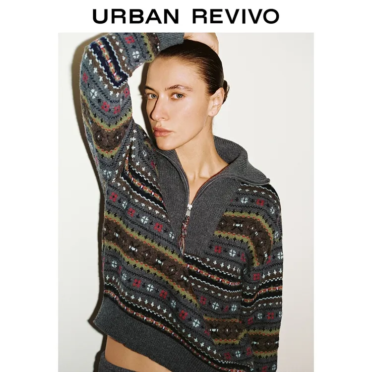 UR2025冬季新款女装休闲复古费尔岛提花立领针织衫UWH950137