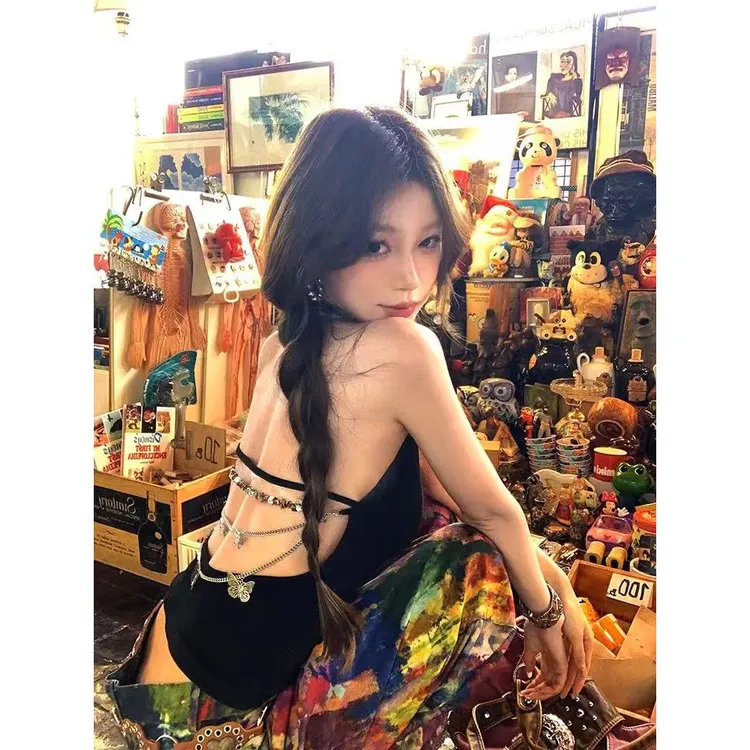 美式辣妹性感露背挂脖小背心女夏季带胸垫蝴蝶链条上衣内搭外穿