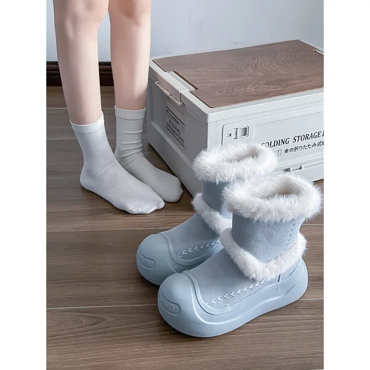 奶蓝皮毛一体保暖雪地靴女2025秋冬季新款小个子厚底加绒防滑棉靴