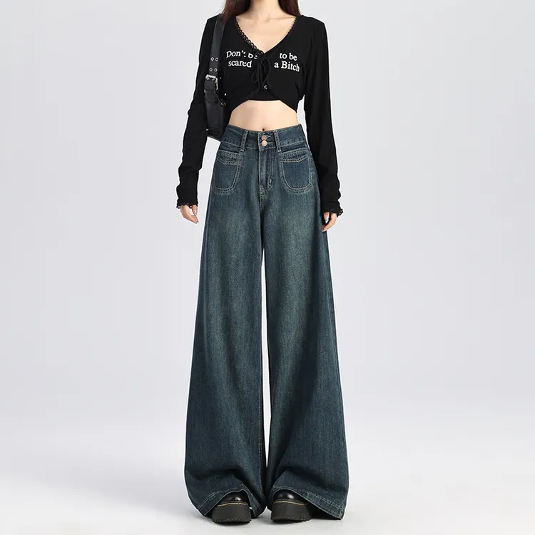 大码美式高街复古刺绣牛仔裤女夏季新款设计感宽松高腰直筒阔腿裤