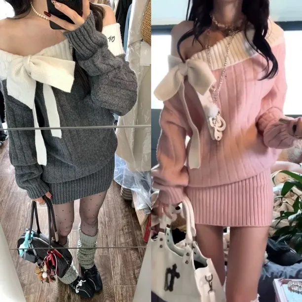 运补｝现货红色圣诞穿搭一字肩蝴蝶结长袖针织连衣裙女冬露肩短裙