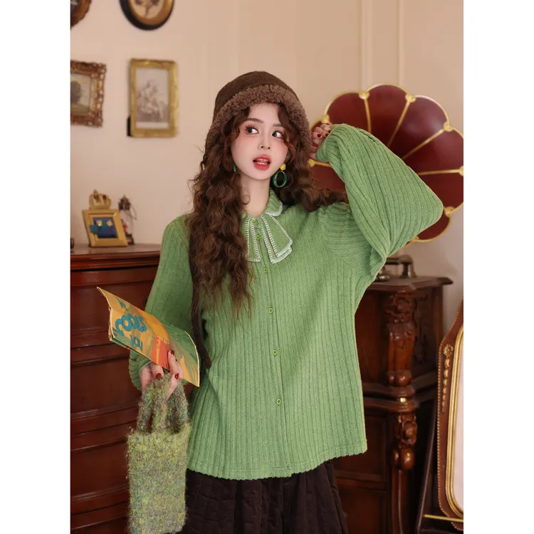 陈大器【林泉幽韵​】港风复古针织长袖百搭宽松上衣衬衫JH5749244