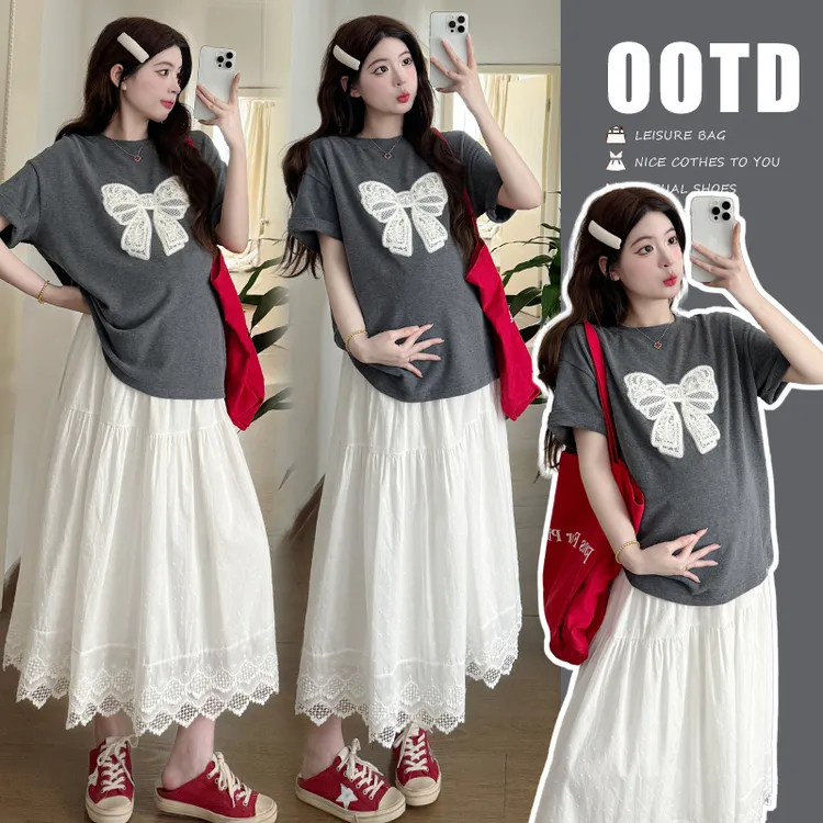 2025夏季韩版显瘦蝴蝶结百搭上衣+宽松不规则半身裙孕妇装两件套