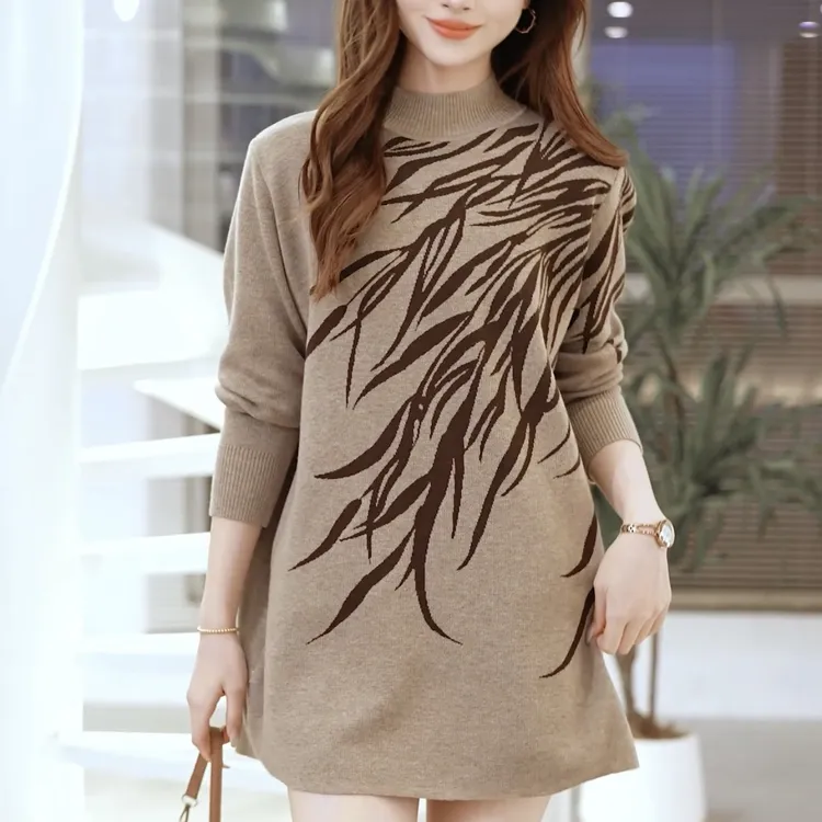 【 123】秋冬女针织衫中长款毛衣裙宽松大码显瘦圆领针织衫