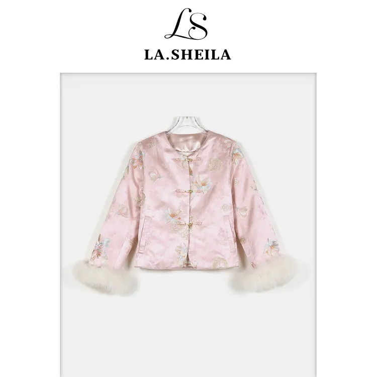 LA.Sheila“千金牡丹图”国风狐狸毛袖羽绒服254-YRF/1206-7713