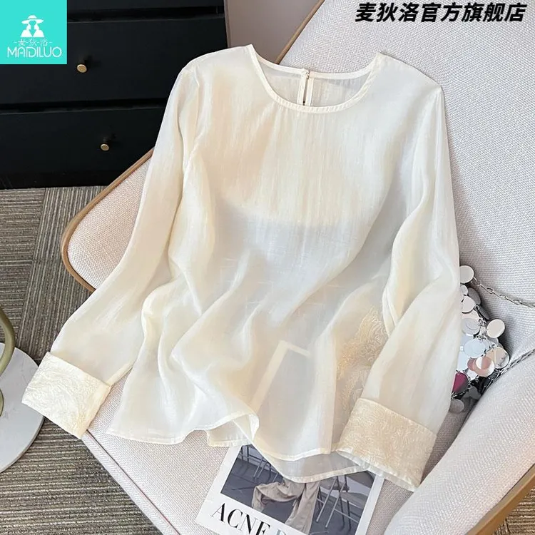 国风真丝上衣女夏刺绣长袖衬衣圆领内搭打底桑蚕丝新中式衬衫薄款