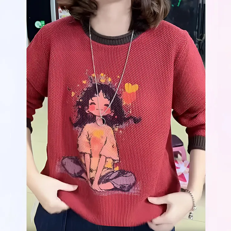 欧货圆领撞色拼接毛衣针织衫女时尚潮流卡通印花秋冬长袖打底上衣