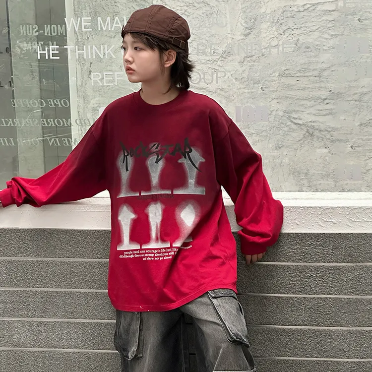 MXl.印花宽松中大童潮牌韩版圆领印花宽松型大众T恤长袖3103男童