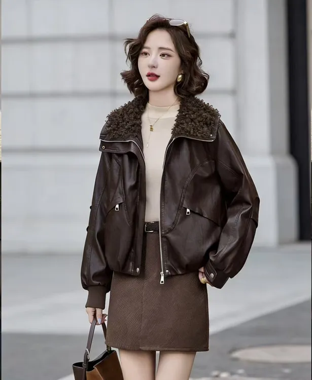 秋冬新款可拆卸毛领加绒皮衣外套女保暖时尚油蜡皮海宁皮夹克5558