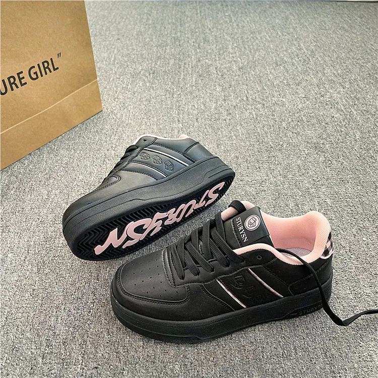 易少年 韩版厚底黑粉色板鞋女ins潮2025年冬季新款运动休闲小白鞋