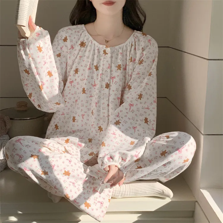 芯语婷春秋季新款蝴蝶结小熊碎花女士薄款睡衣长袖家居服可外穿