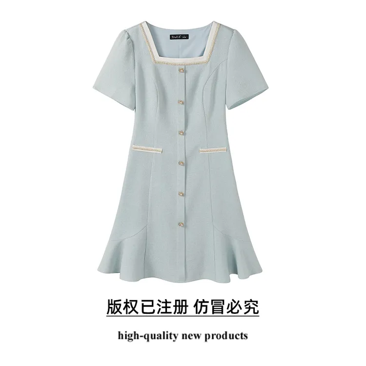 奢姿大码女装2025夏季气质方领小香风连衣裙胖妹妹纽扣时尚裙子