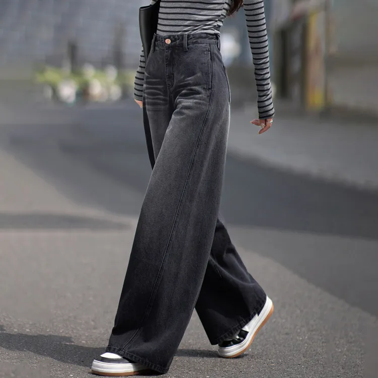黑灰阔腿牛仔裤女爆款2025秋冬加绒加厚高腰宽松简约休闲直筒裤子