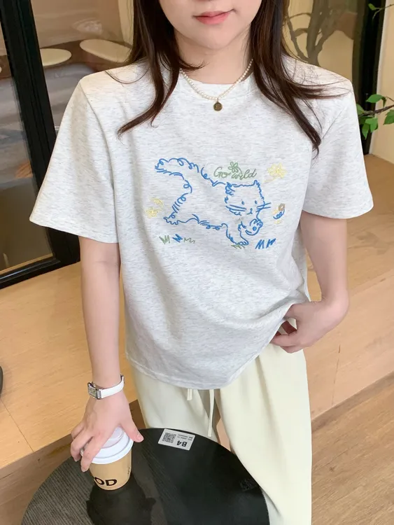 （运费补贴）夏季韩版可爱小猫咪圆领T恤复古印花百搭正肩短袖上衣