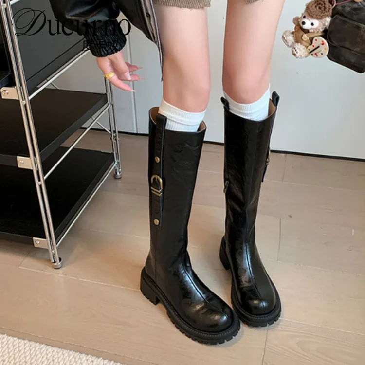 DUCURNO复古圆头美拉德靴子女厚底显瘦骑士靴不过膝棕色高筒长靴