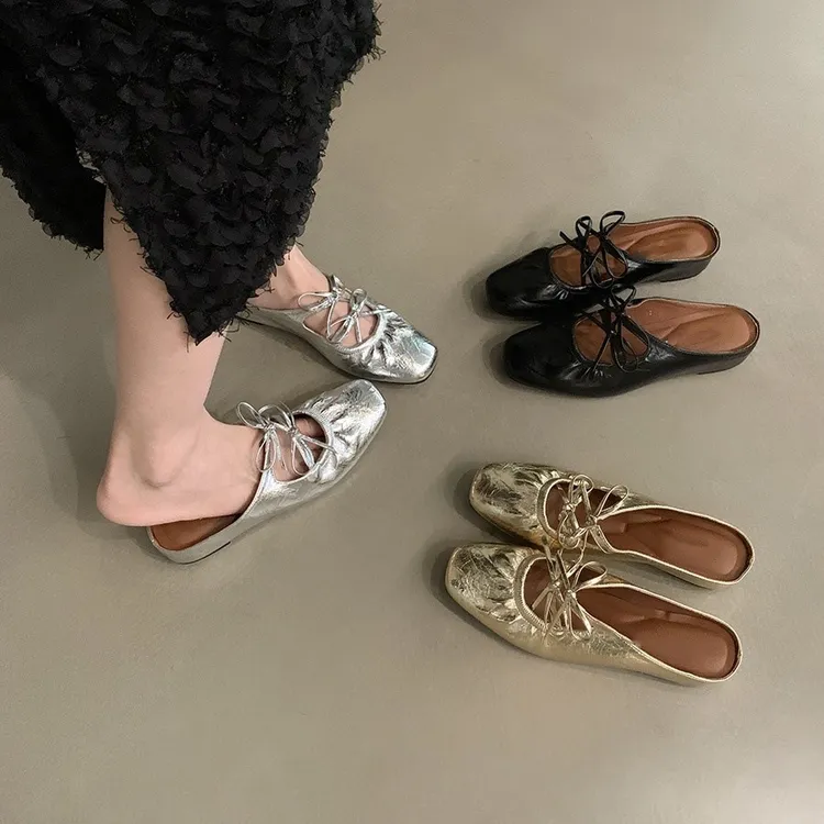 UHCK内增高蝴蝶结银色包头半拖女鞋子时尚外穿2025新款夏季玛丽珍