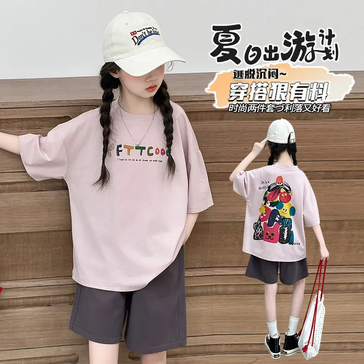 女童夏季套装2025新款大童宽松短袖夏装儿童多巴胺洋气短裤两件套
