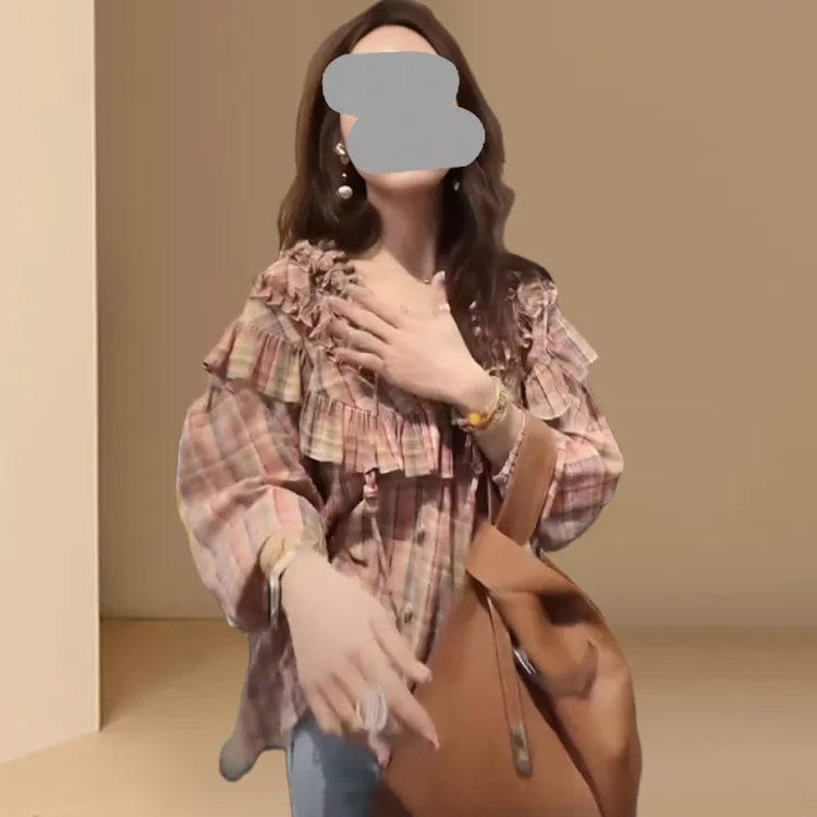 韩系复古荷叶边格子v领衬衫女夏设计感小众衬衣宽松防晒上衣薄款