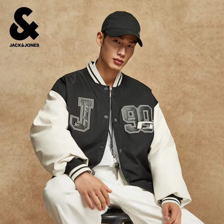 杰克琼斯男装冬季棉衣PU拼接黑白字母百搭刺绣设计感棒球服外套