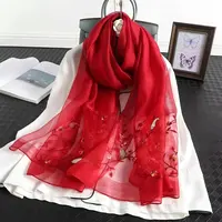 【红色亮片】时尚气质百搭围巾桑蚕丝羊毛绣花丝巾