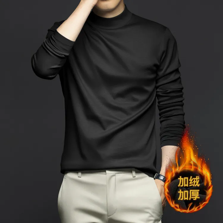 冬季加绒加厚液氨棉半高领打底衫男保暖抗静电薄绒中高领长袖T恤