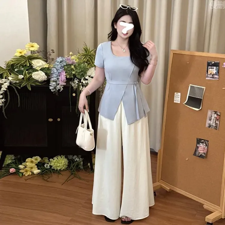 大码胖mm欧若风两件套女夏季设计感收腰短袖T恤宽松休闲裙裤套装