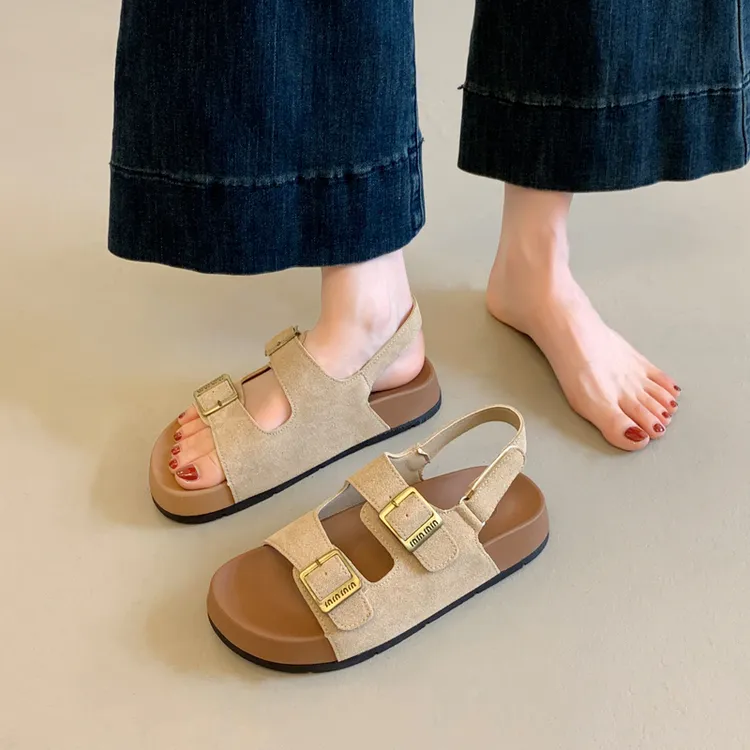 显瘦勃肯凉鞋女款2025新款夏季厚底网红老钱风孕妇防滑沙滩罗马鞋