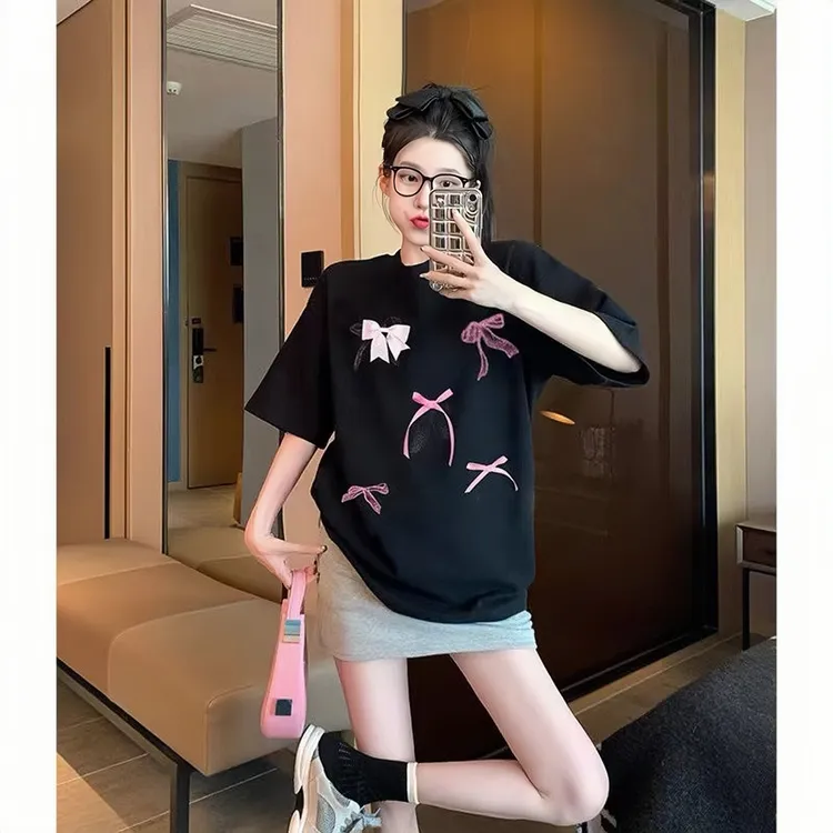 新款女款夏季纯棉短袖女t恤新款爆款学生显瘦蝴蝶结印花休闲上衣
