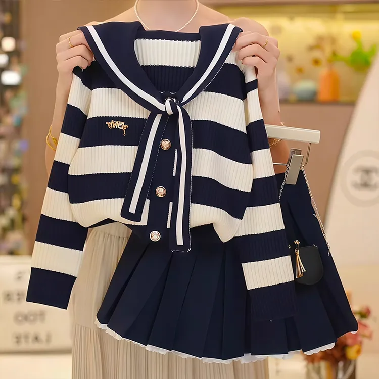 女童学院风套装春秋2025新款儿童百褶裙秋季女孩海军领毛衣两件套