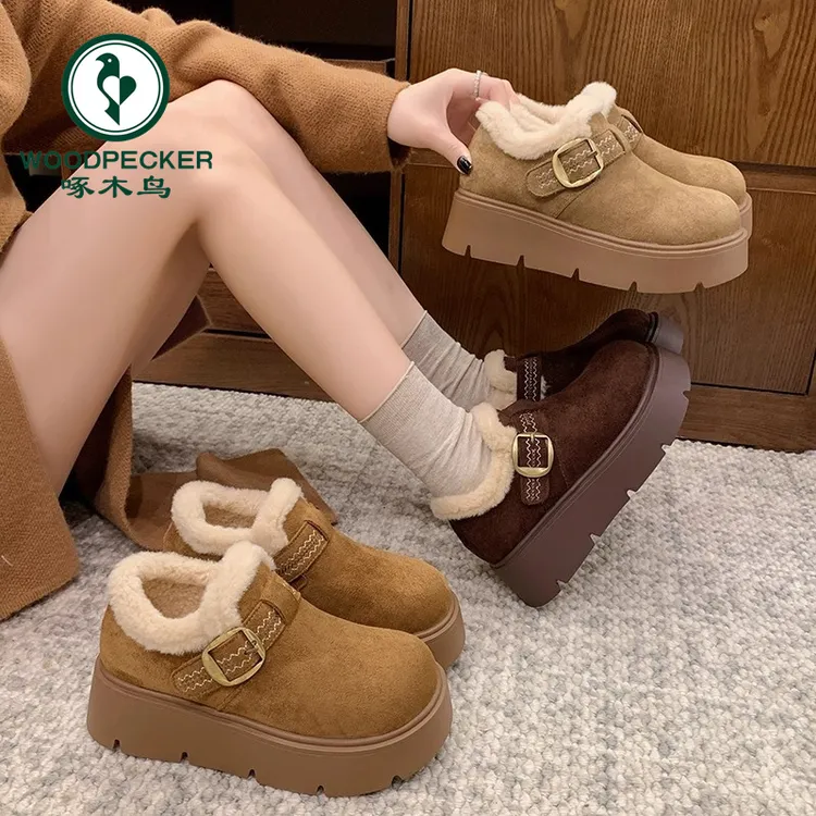 啄木鸟厚底加绒勃肯鞋女2025新款冬季一脚蹬乐福鞋雪地靴保暖棉鞋