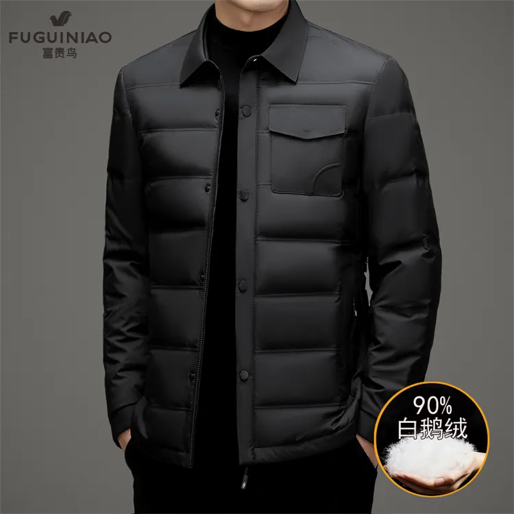 FUGUINIAO/富贵鸟男士羽绒服轻薄鹅绒款男装休闲衬衫领秋冬装外套