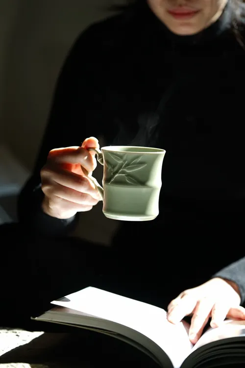 竹节造型豆青杯适合家用作咖啡杯牛奶杯茶杯